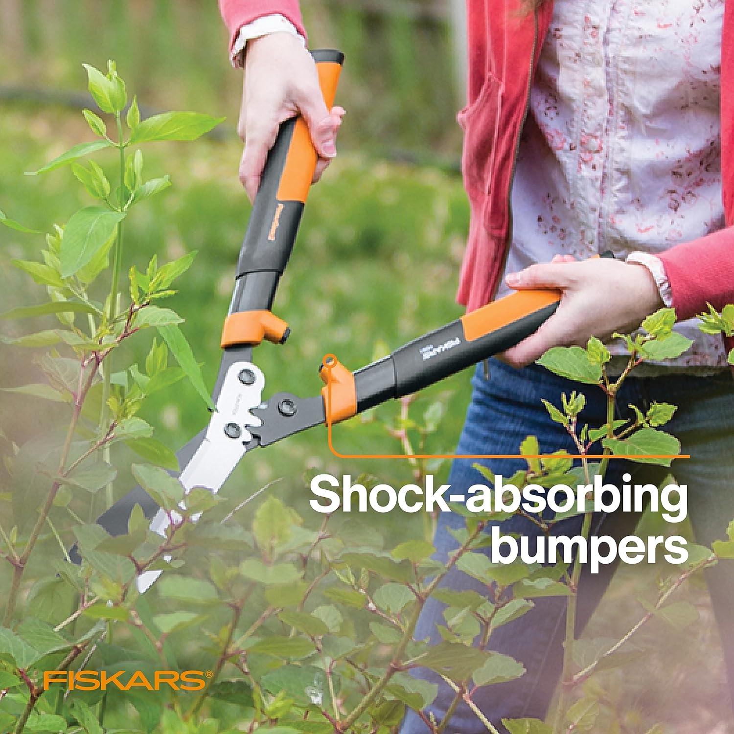 imageFiskars 23Inch Hedge Shears Bush Trimmer with PowerGear2 Technology that Multiplies Power for Less Effort SoftGrip Handles with ShockAbsorbing BumpersPowerGear2 Shock Absorbing 23 in