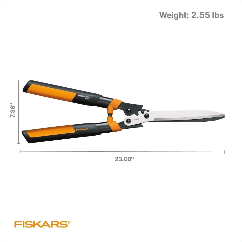 imageFiskars 23Inch Hedge Shears Bush Trimmer with PowerGear2 Technology that Multiplies Power for Less Effort SoftGrip Handles with ShockAbsorbing BumpersPowerGear2 Shock Absorbing 23 in