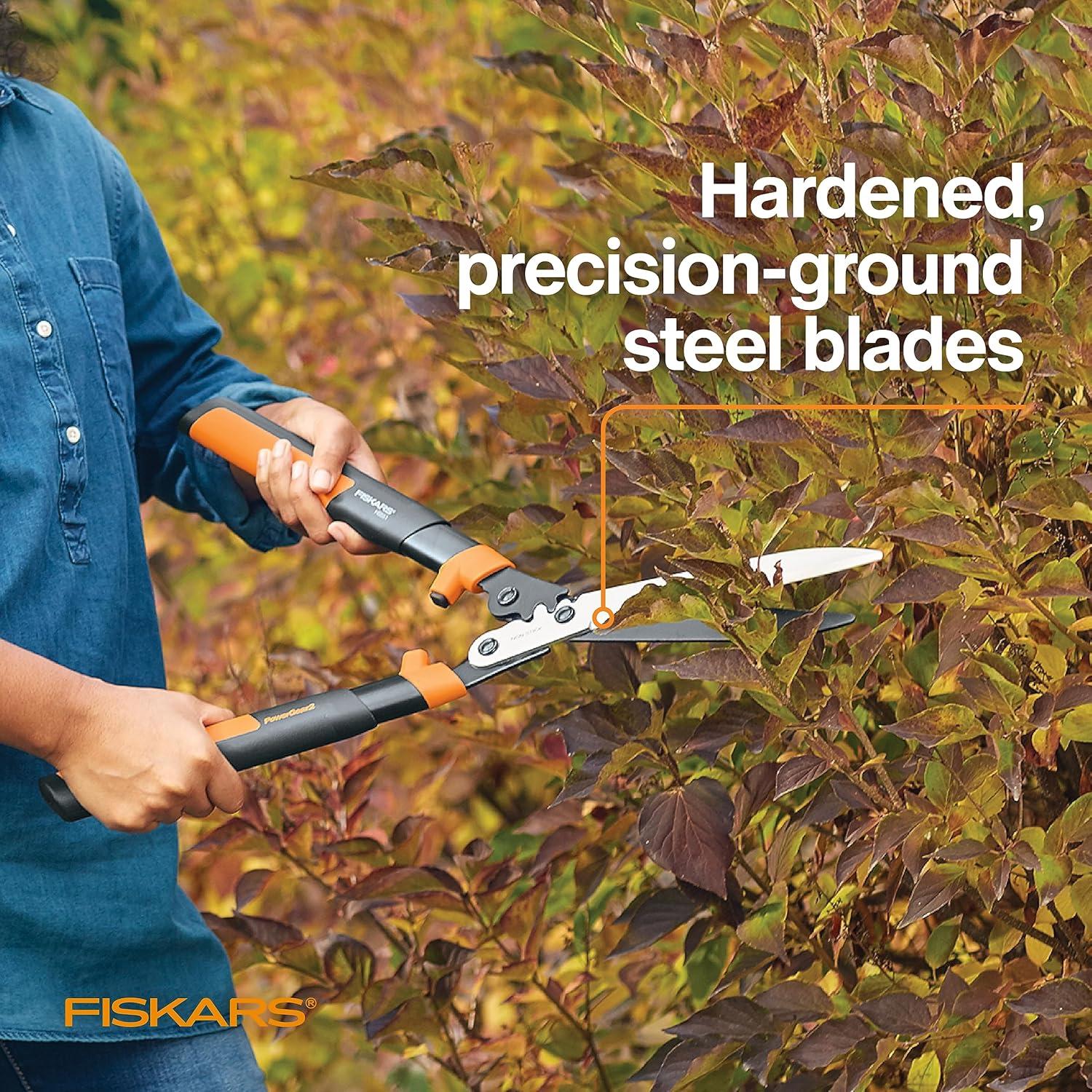 imageFiskars 23Inch Hedge Shears Bush Trimmer with PowerGear2 Technology that Multiplies Power for Less Effort SoftGrip Handles with ShockAbsorbing BumpersPowerGear2 Shock Absorbing 23 in