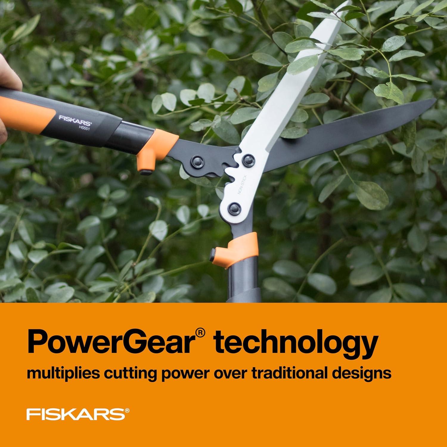 imageFiskars 23Inch Hedge Shears Bush Trimmer with PowerGear2 Technology that Multiplies Power for Less Effort SoftGrip Handles with ShockAbsorbing BumpersPowerGear2 Shock Absorbing 23 in