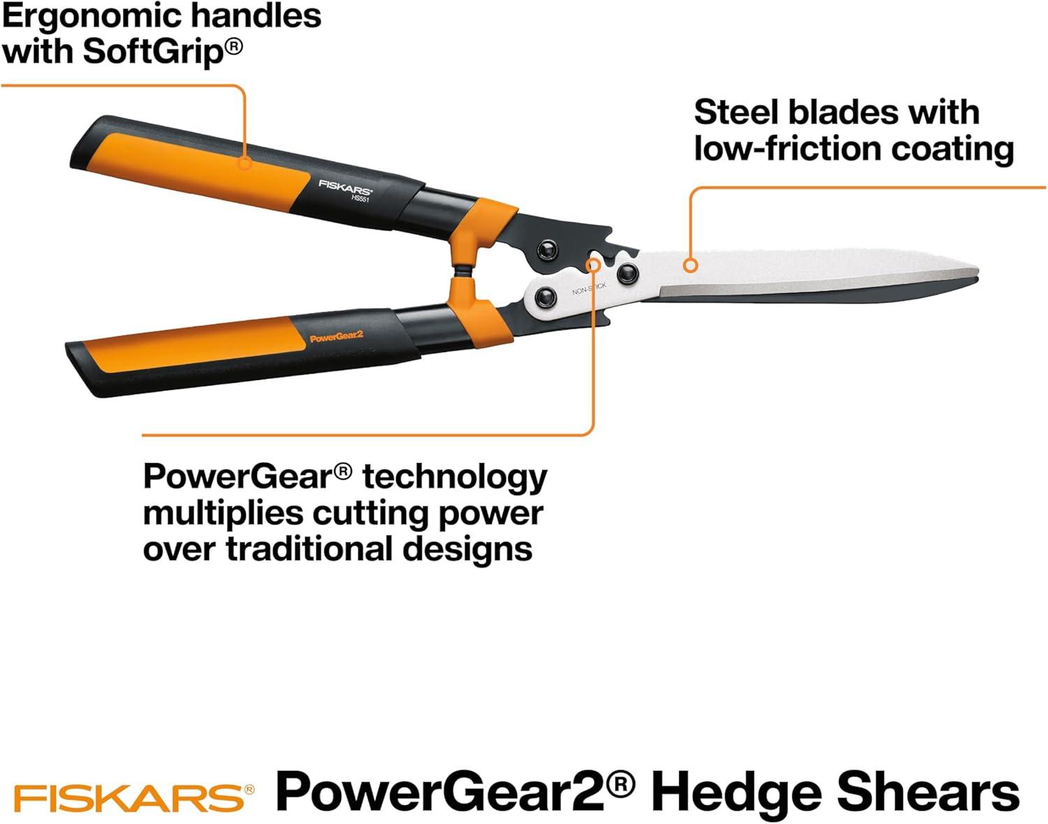 imageFiskars 23Inch Hedge Shears Bush Trimmer with PowerGear2 Technology that Multiplies Power for Less Effort SoftGrip Handles with ShockAbsorbing BumpersPowerGear2 Shock Absorbing 23 in
