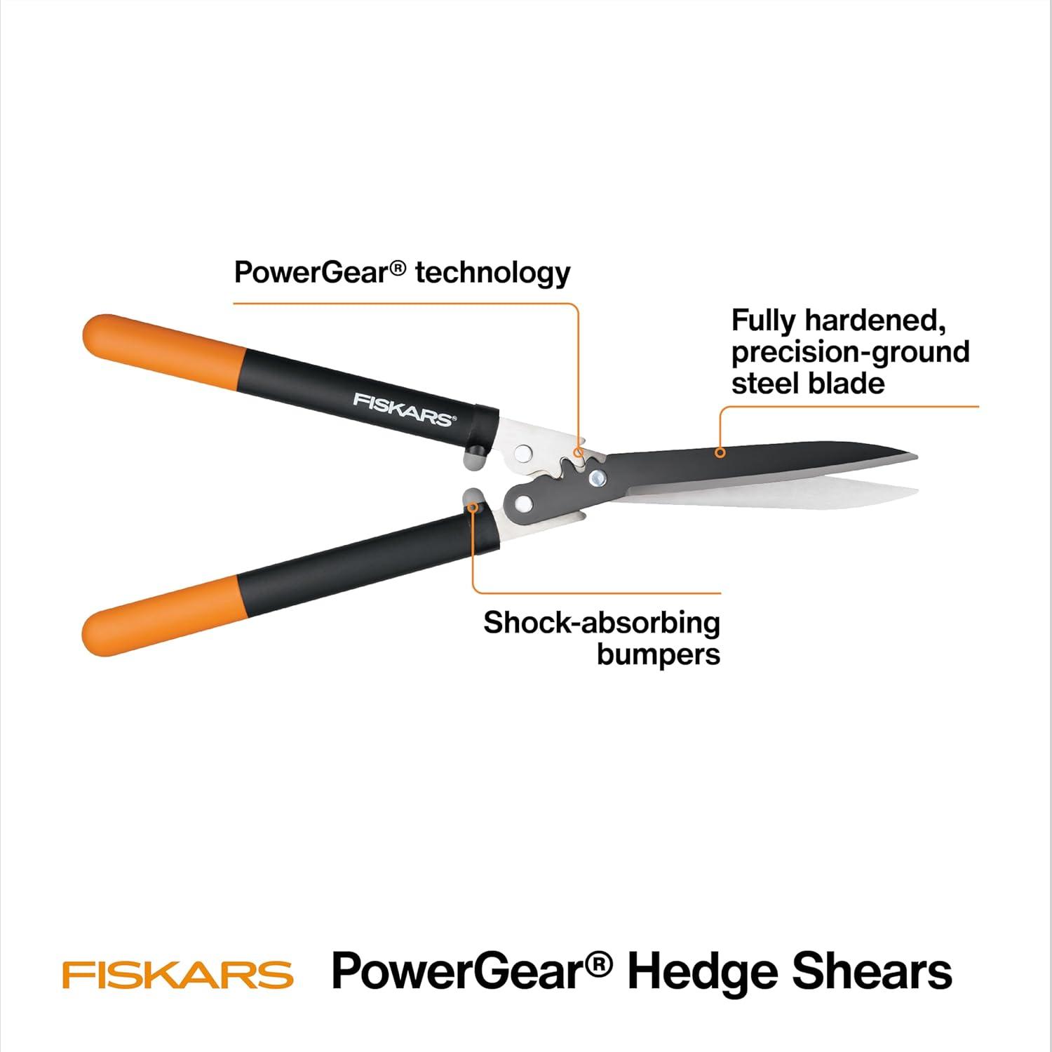 imageFiskars 23Inch Hedge Shears Bush Trimmer with PowerGear2 Technology that Multiplies Power for Less Effort SoftGrip Handles with ShockAbsorbing BumpersPowerGear 23 in