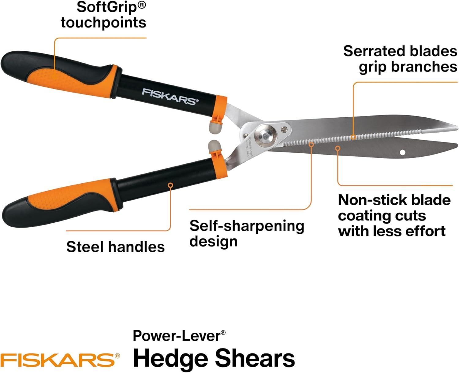 imageFiskars 23Inch PowerLever Hedge Shears SelfSharpening PrecisionGround Steel Blades For TrimmingShaping Hedges and Shrubs in Your Garden Lawn and Yard Tools BlackOrange