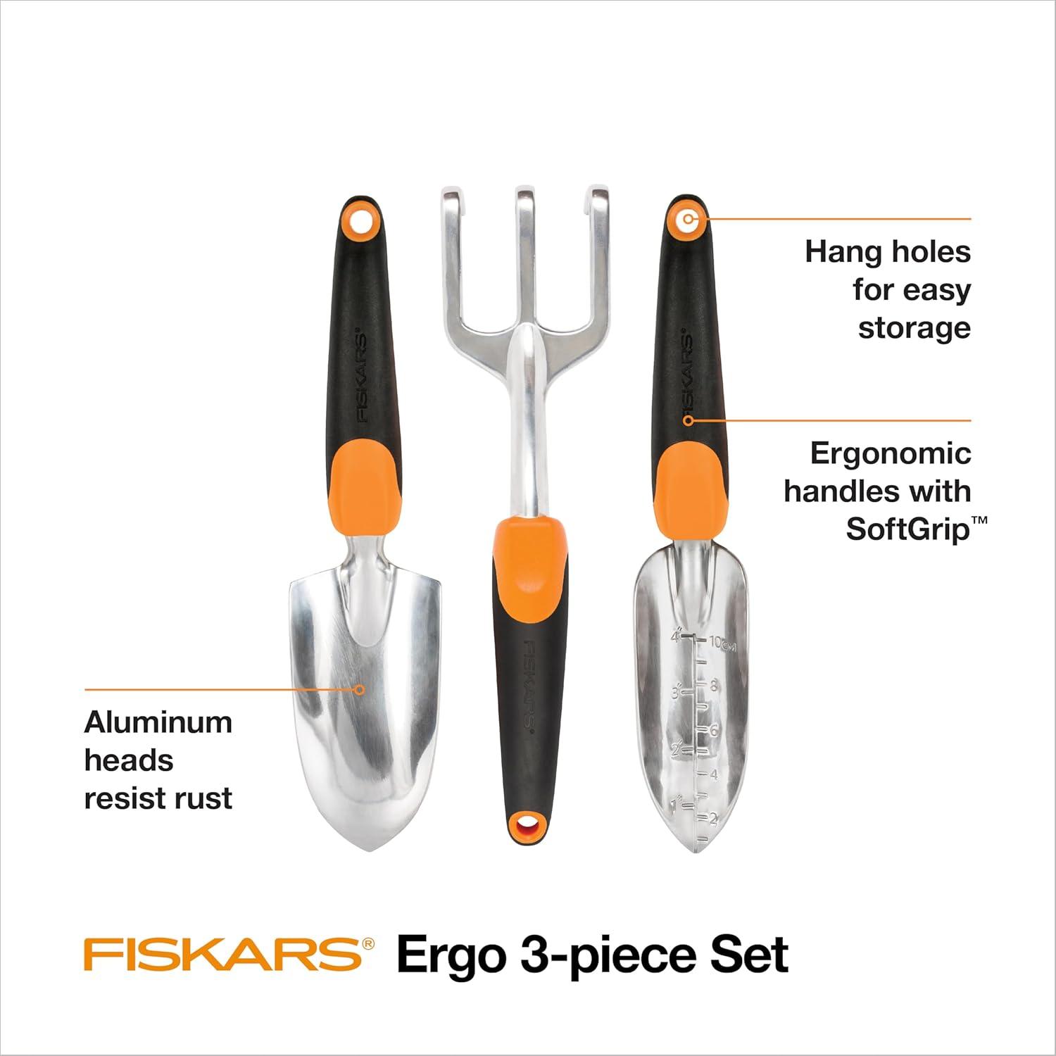 imageFiskars 3in1 Garden Tool Set Includes Trowel Transplanter and Cultivator for Outdoor Gardening Ergonomic Yard Tool KitRecyclable Package