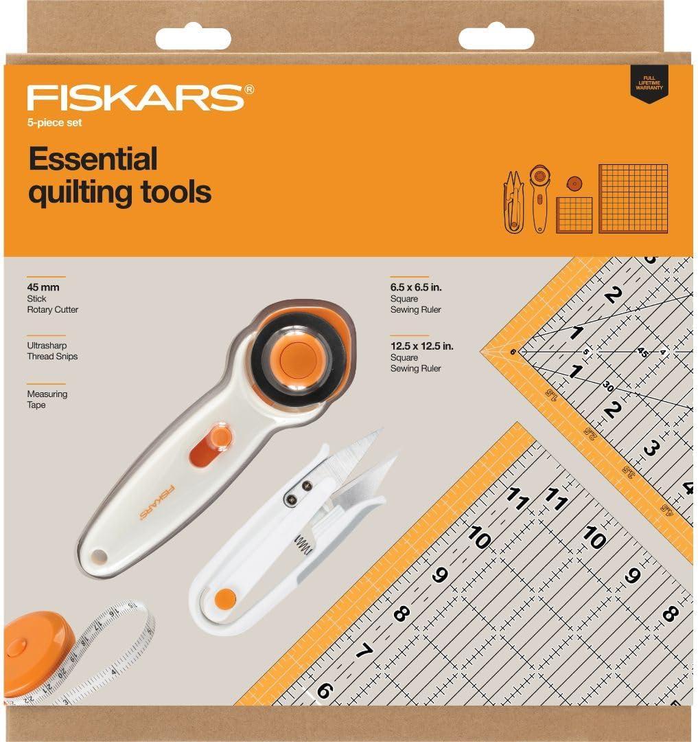 imageFiskars Crafts Essentials 5Piece Set  45mm Blade Rotary Cutter for Fabric Self Healing Cutting Mat and Sewing Ruler  Craft Supplies  WhiteGray