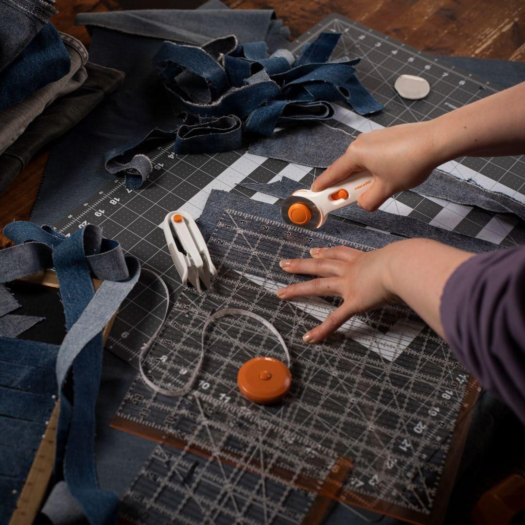 imageFiskars Crafts Essentials 5Piece Set  45mm Blade Rotary Cutter for Fabric Self Healing Cutting Mat and Sewing Ruler  Craft Supplies  WhiteGray