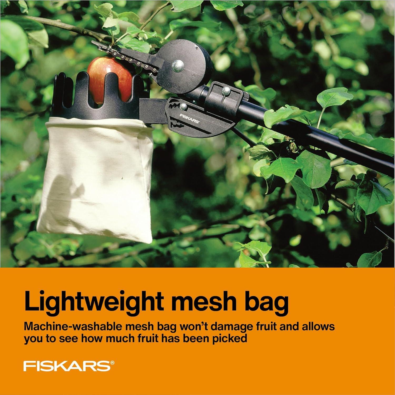 imageFiskars Fruit Picker Basket with Adjustable Basket Angle Machine Washable Mesh Bag Fruit Harvesting Tool Pole Not IncludedMesh Bag