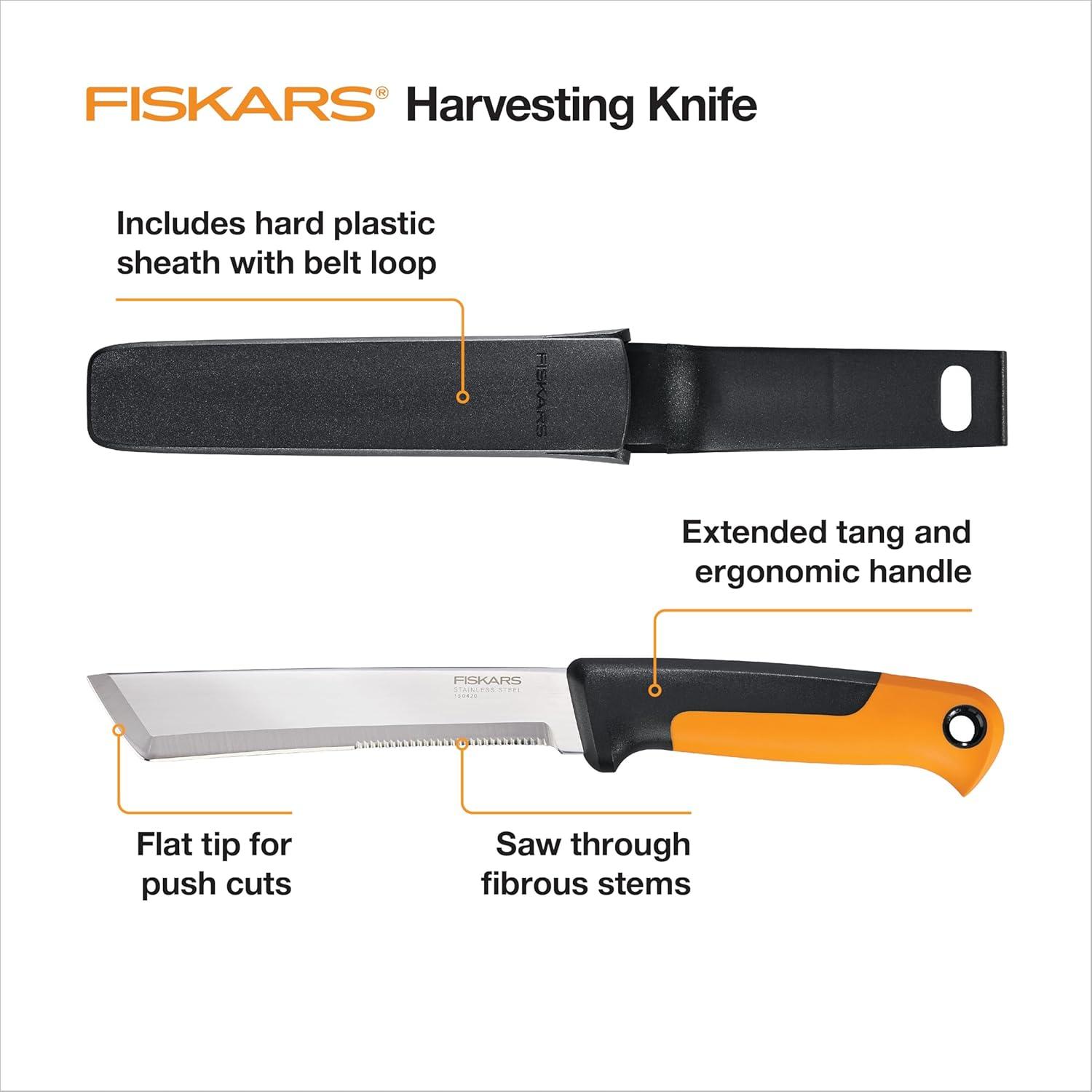 imageFiskars Harvesting Knife with Serrated Edge Gardening Hand Tool with Flat Tip Blade and Sheath Perfect for Thick Stalks and Stems6