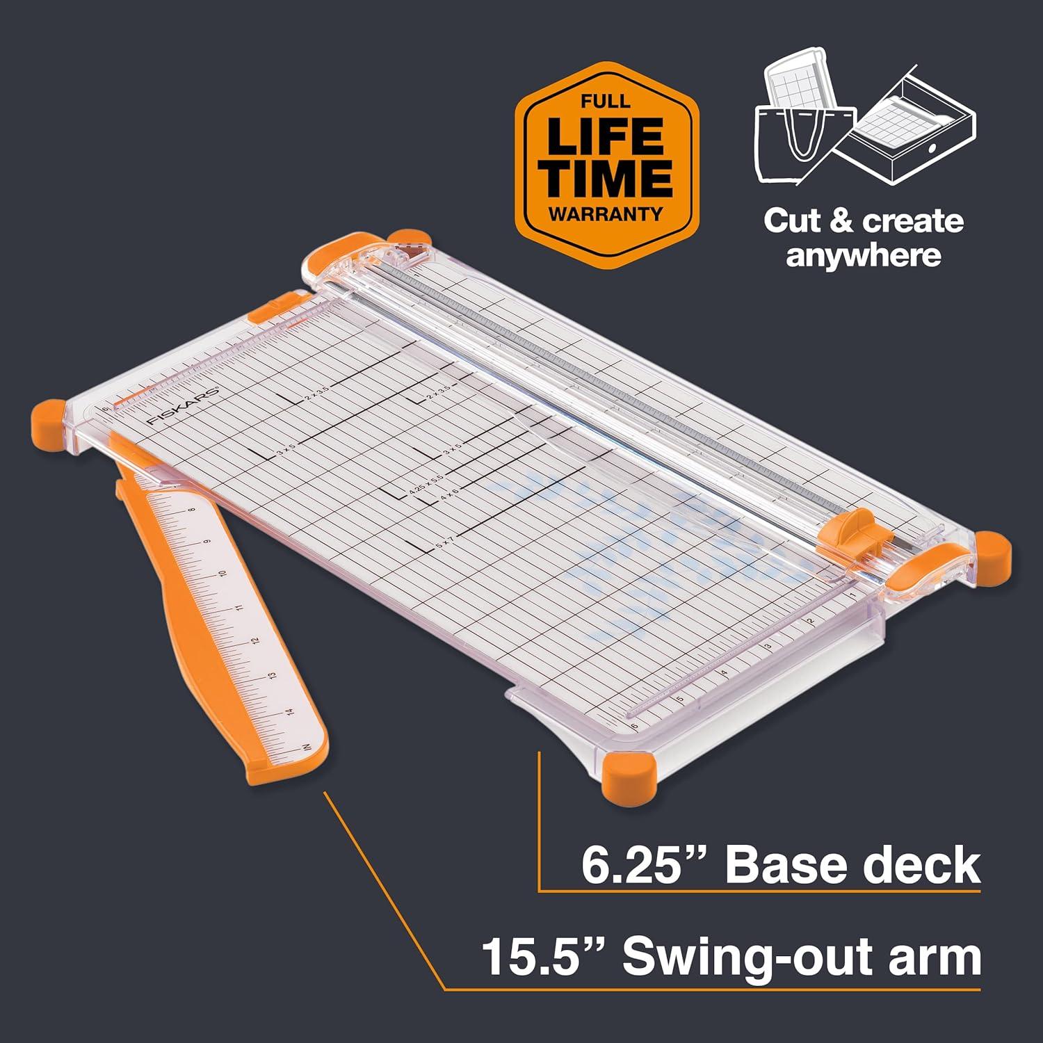 imageFiskars Precision Paper Trimmer Easy Safe and Accurate for Crafts Gifts Cards Photos Always Cuts Straight SwingOut Arm Extends Measurements Lightweight and Portable Sharp Paper Cutter