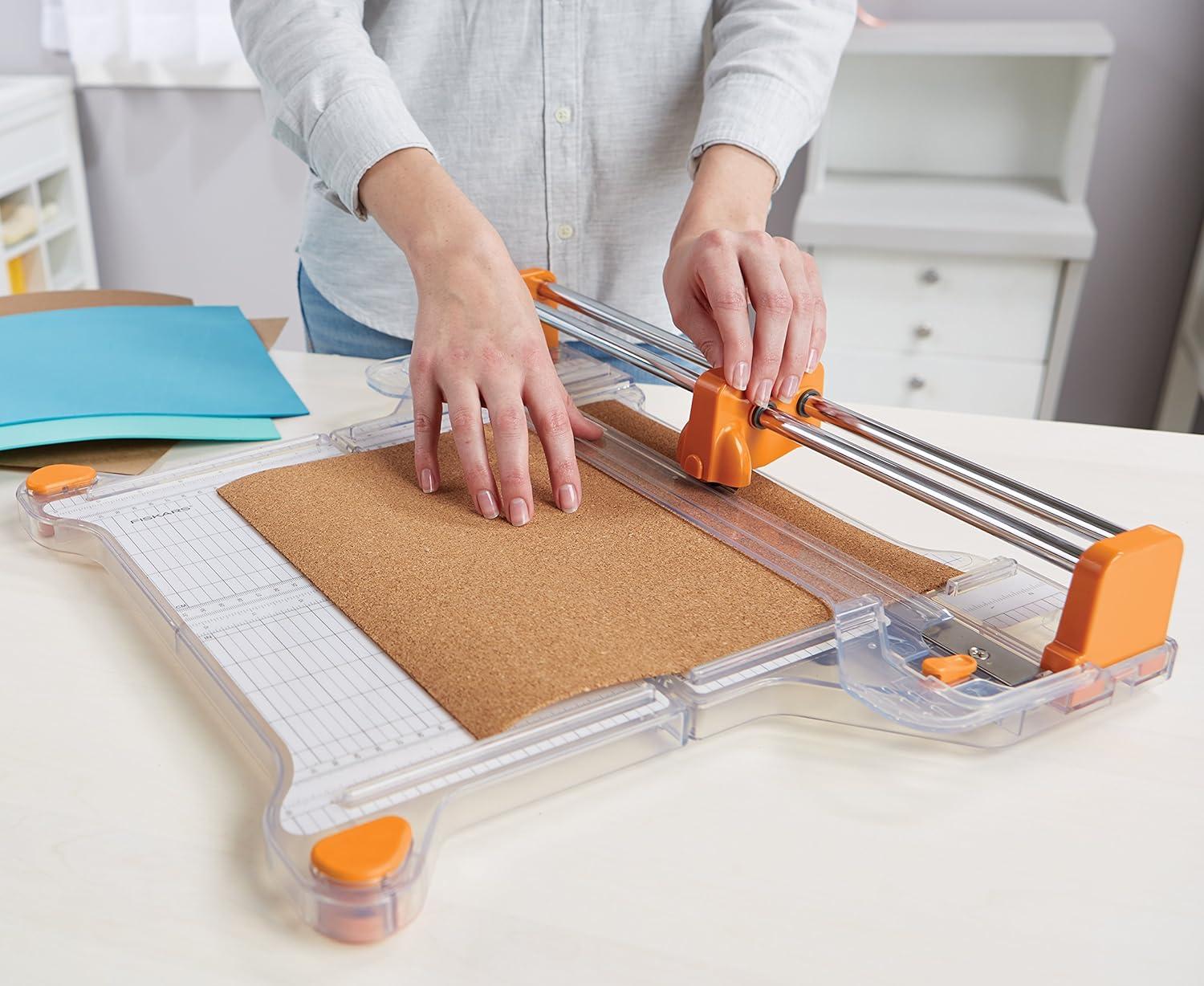 imageFiskars ProCision Rotary Bypass Paper Trimmer  12quot Cut Length  Craft Paper and Mixed Media Cutter with Grid Lines  OrangeFolding Rotary Bypass Trimmer  12