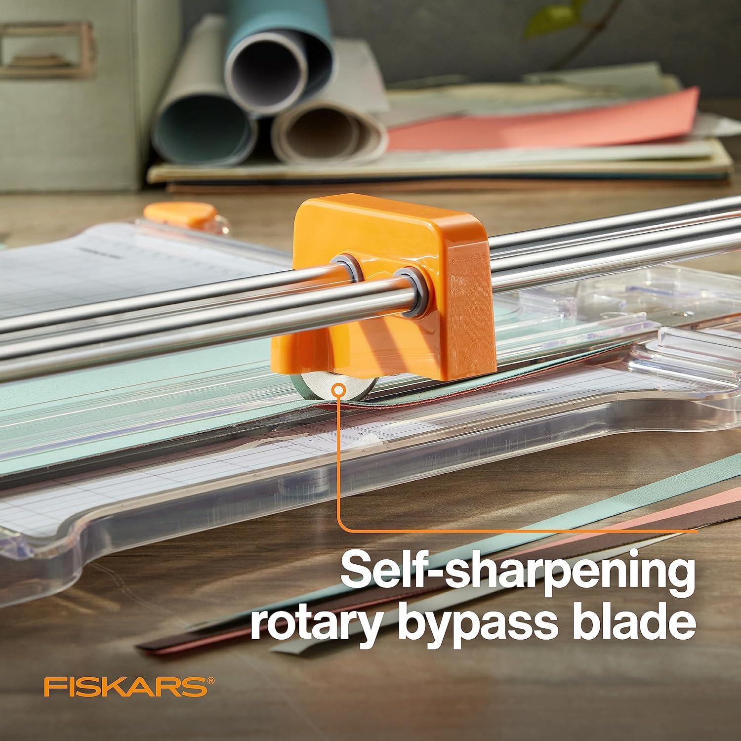 imageFiskars ProCision Rotary Bypass Paper Trimmer  12quot Cut Length  Craft Paper and Mixed Media Cutter with Grid Lines  OrangeFolding Rotary Bypass Trimmer  12