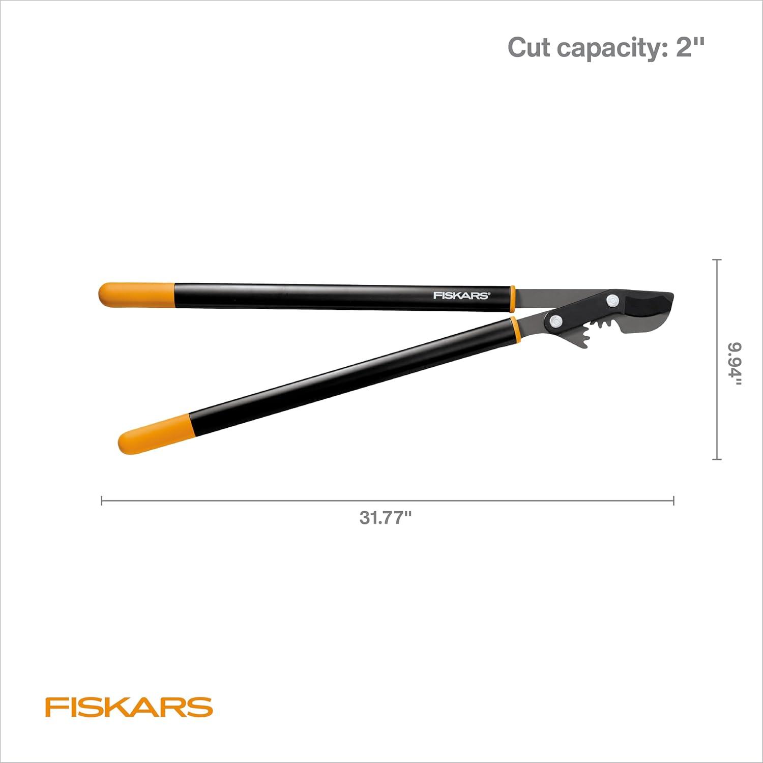 imageFiskars Ratchet Drive Anvil Lopper 32 Inch Heavy Duty Tree Trimmer 2 inch Cut Capacity Riveted Handles for Easy Squeeze Cutting PowerBypass Lopper 32