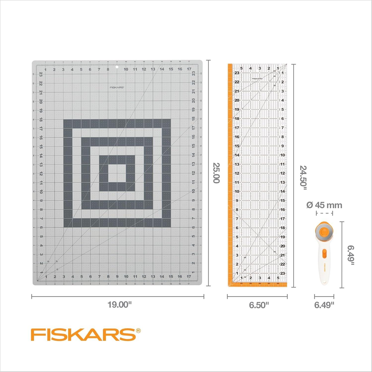 imageFiskars Rotary Cutter 3Piece Set  45mm Blade Rotary Cutter for Fabric Self Healing Cutting Mat and Sewing Ruler  Craft Supplies  WhiteGray196L x 06W