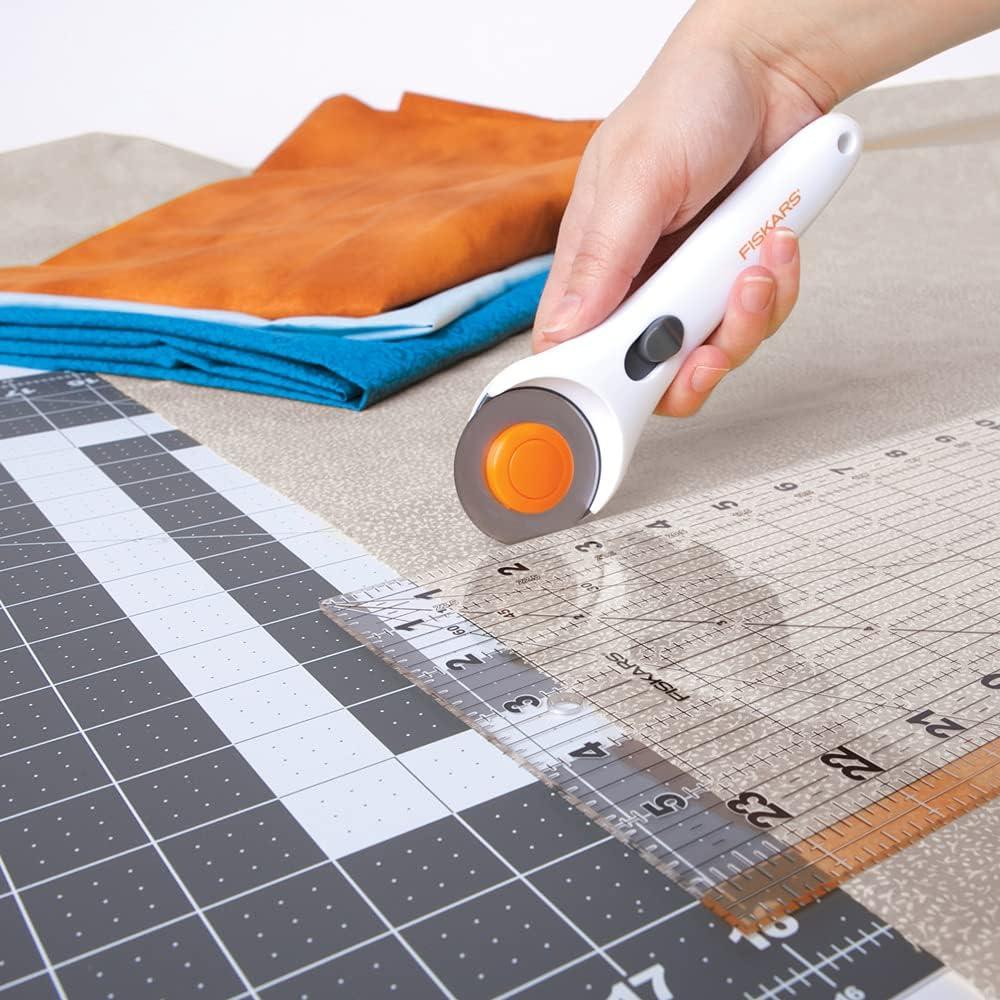 imageFiskars Rotary Cutter 3Piece Set  45mm Blade Rotary Cutter for Fabric Self Healing Cutting Mat and Sewing Ruler  Craft Supplies  WhiteGray196L x 06W