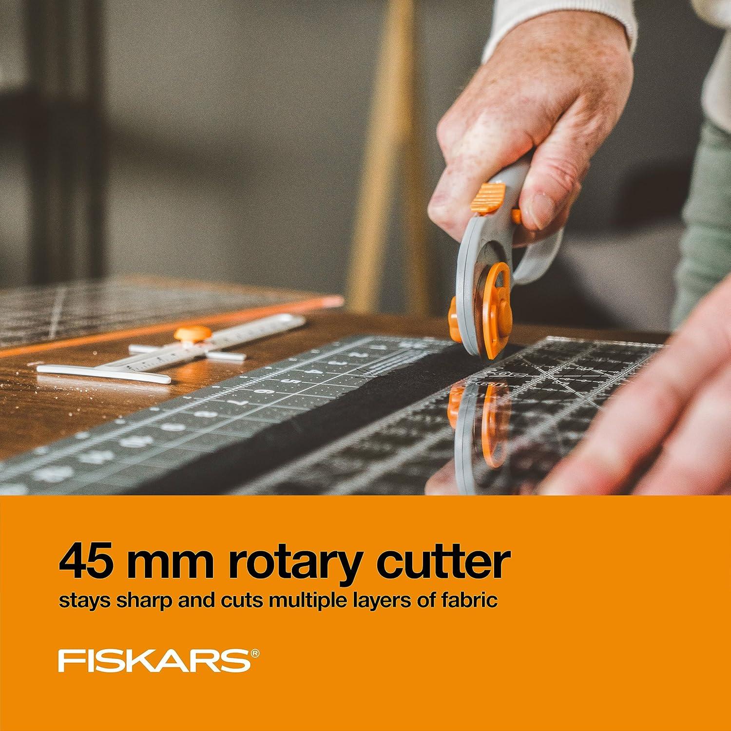 imageFiskars Rotary Cutter 3Piece Set  45mm Blade Rotary Cutter for Fabric Self Healing Cutting Mat and Sewing Ruler  Craft Supplies  WhiteGray25L x 19W