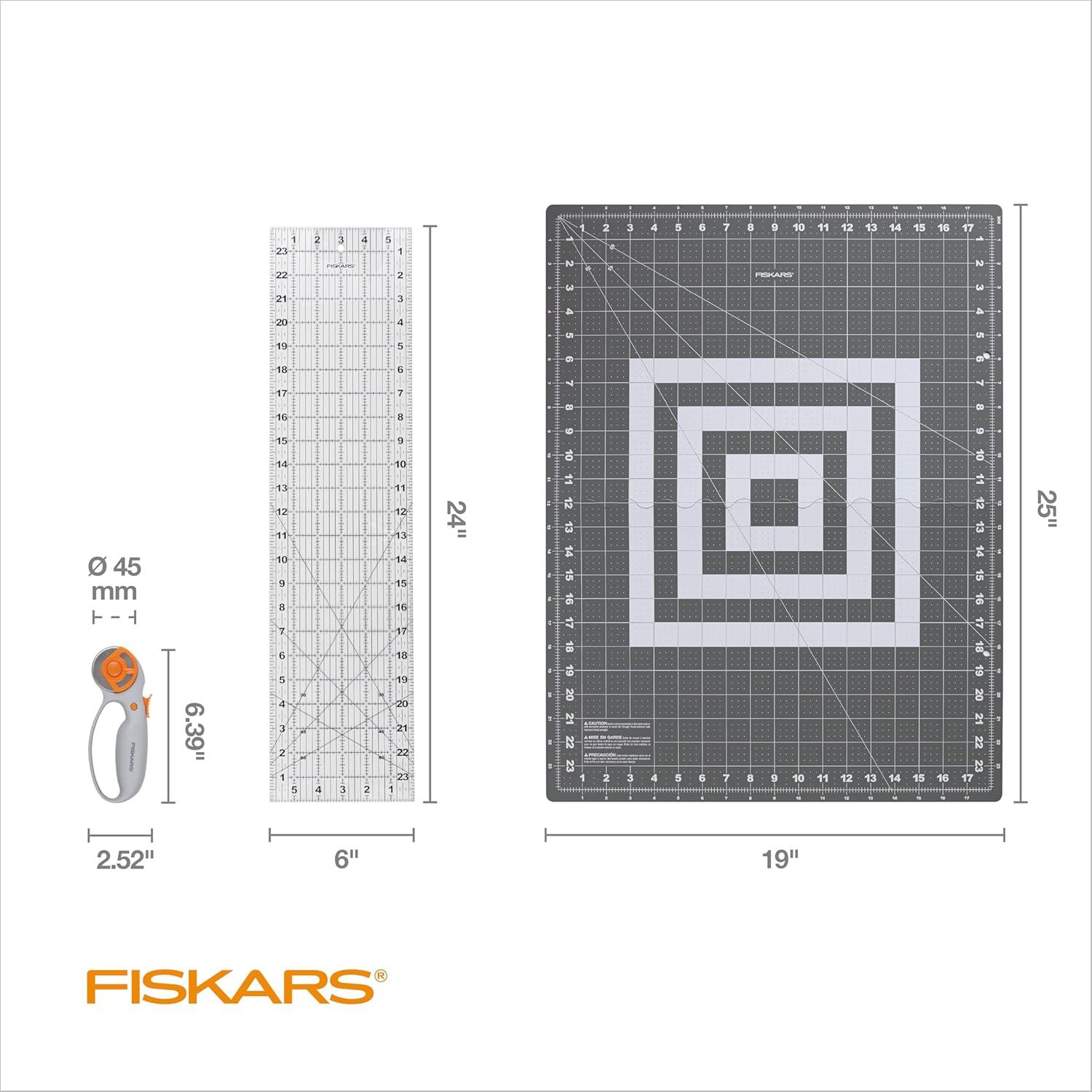 imageFiskars Rotary Cutter 3Piece Set  45mm Blade Rotary Cutter for Fabric Self Healing Cutting Mat and Sewing Ruler  Craft Supplies  WhiteGray25L x 19W