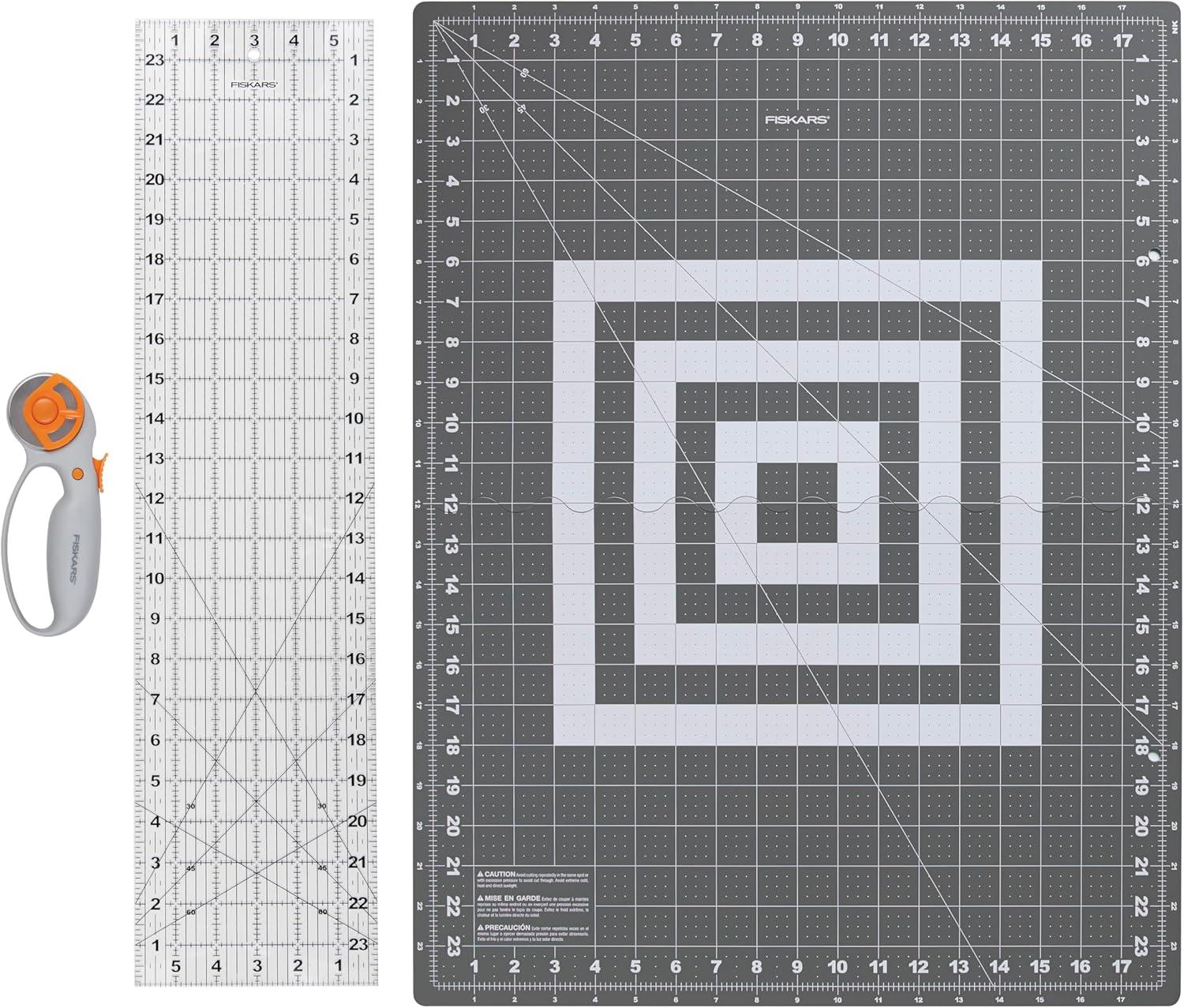imageFiskars Rotary Cutter 3Piece Set  45mm Blade Rotary Cutter for Fabric Self Healing Cutting Mat and Sewing Ruler  Craft Supplies  WhiteGray25L x 19W