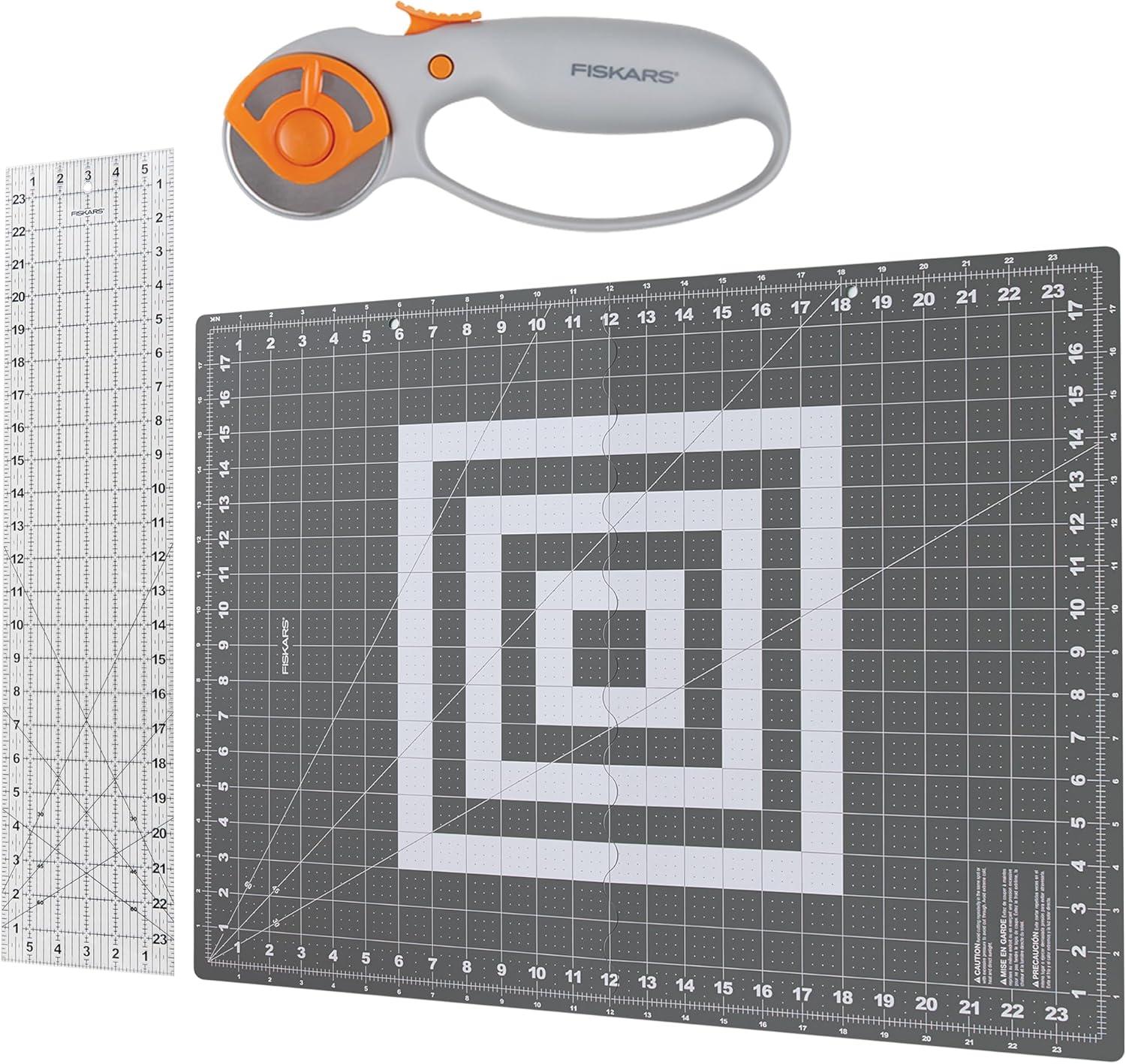 imageFiskars Rotary Cutter 3Piece Set  45mm Blade Rotary Cutter for Fabric Self Healing Cutting Mat and Sewing Ruler  Craft Supplies  WhiteGrayPremium 3Piece