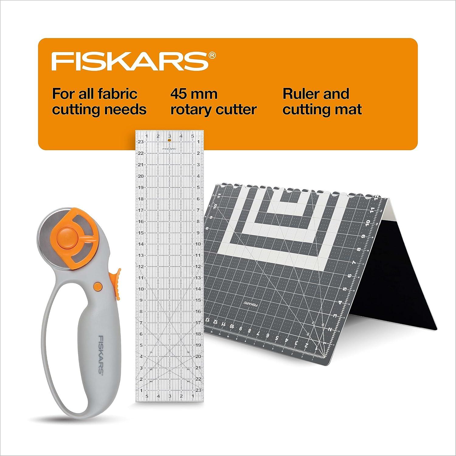 imageFiskars Rotary Cutter 3Piece Set  45mm Blade Rotary Cutter for Fabric Self Healing Cutting Mat and Sewing Ruler  Craft Supplies  WhiteGrayPremium 3Piece