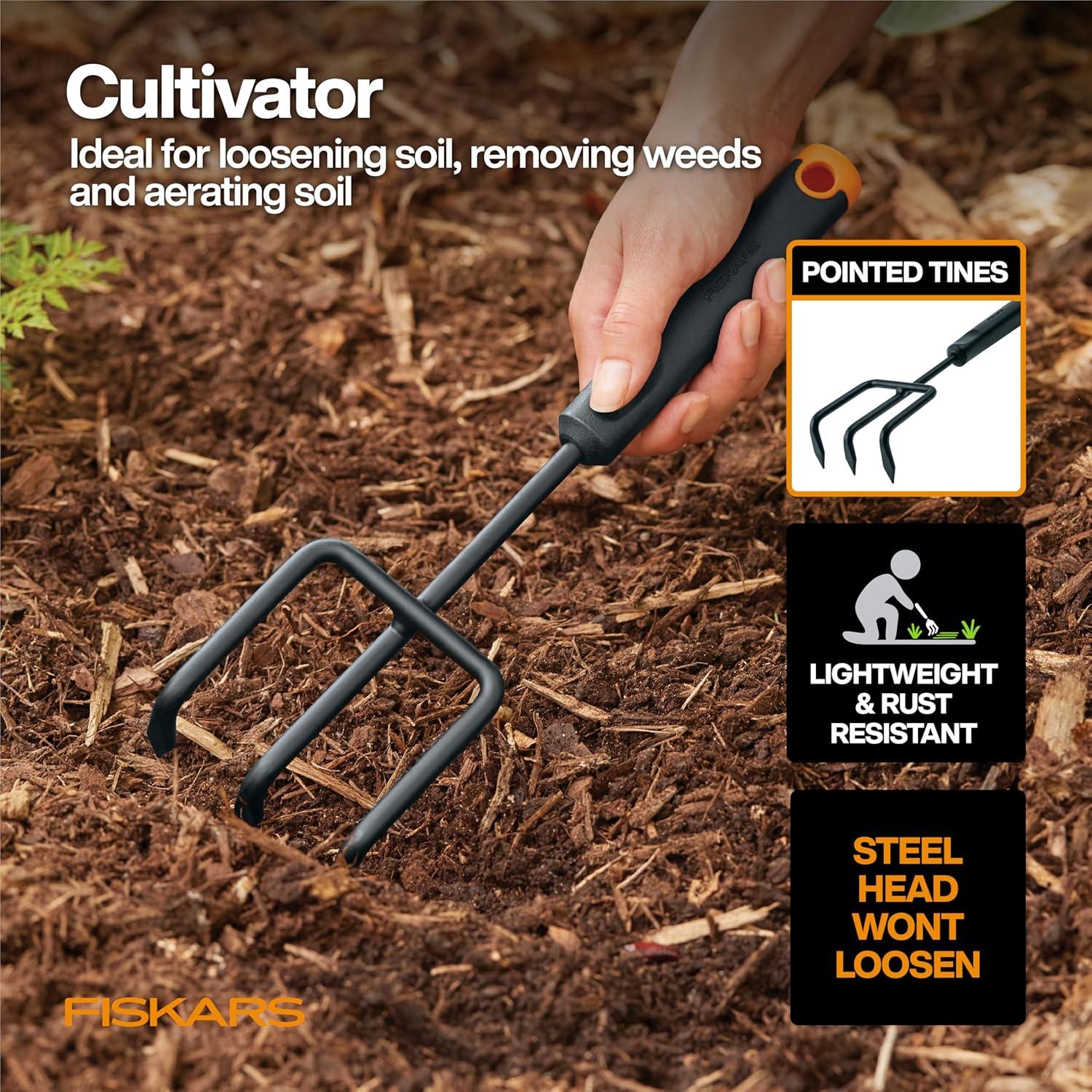 imageFiskars Vegetable Garden Tool Set with Vegetable Shears Seed Sower Trowel Cultivator Weeder and LXL Garden Gloves for Indoor or Outdoor Gardening 6 Piece Kit