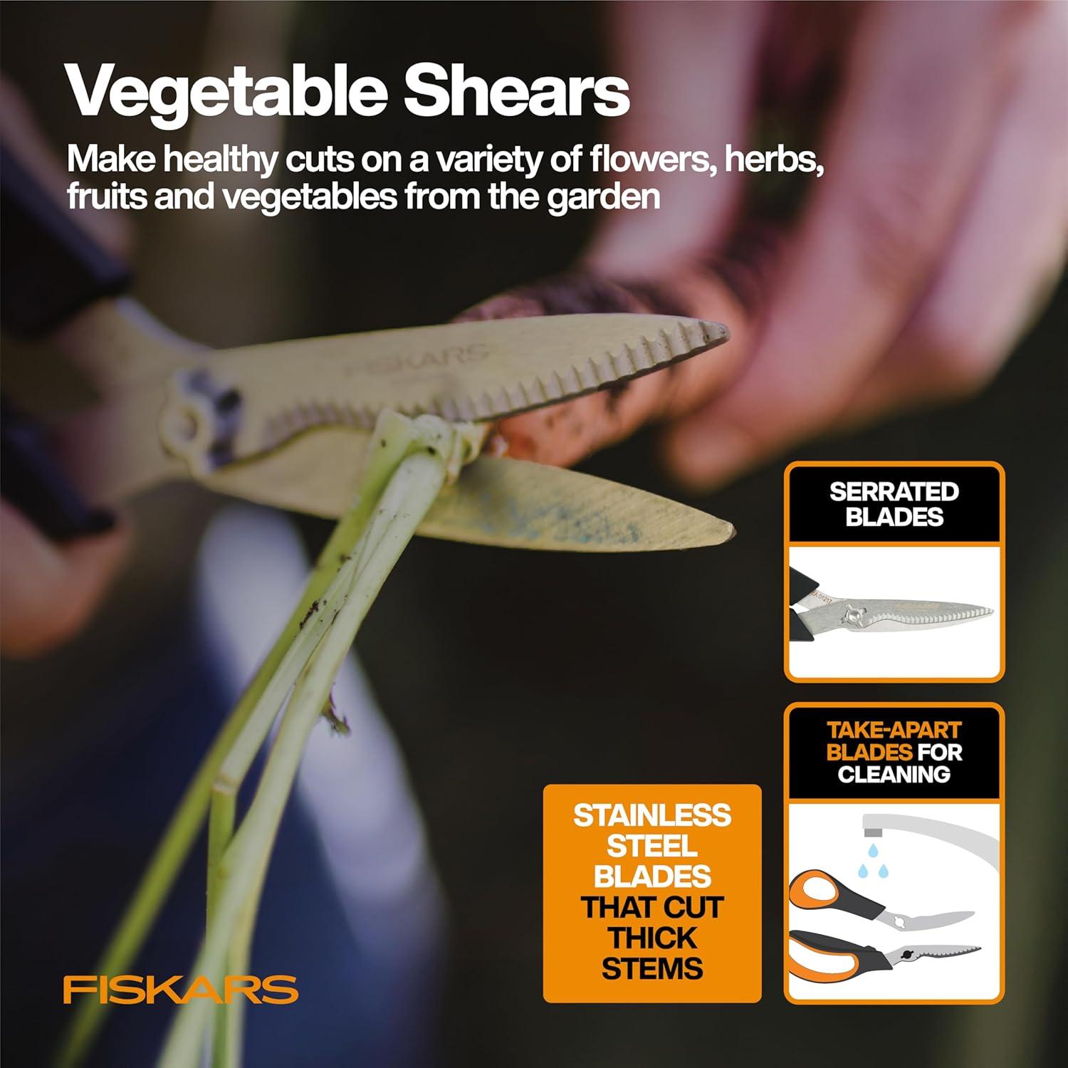 imageFiskars Vegetable Garden Tool Set with Vegetable Shears Seed Sower Trowel Cultivator Weeder and LXL Garden Gloves for Indoor or Outdoor Gardening 6 Piece Kit