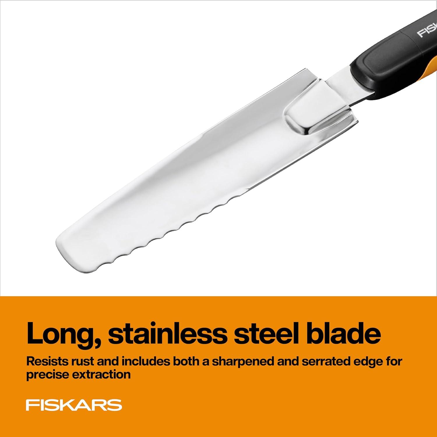 imageFiskars Xact Hand Rake Heavy Duty Gardening Hand Tool with Ergonomic Handle and Hanging Hole for Storage Stainless Steel Head and Tines Perfect for Maintaining a Raised Garden BedWeeder