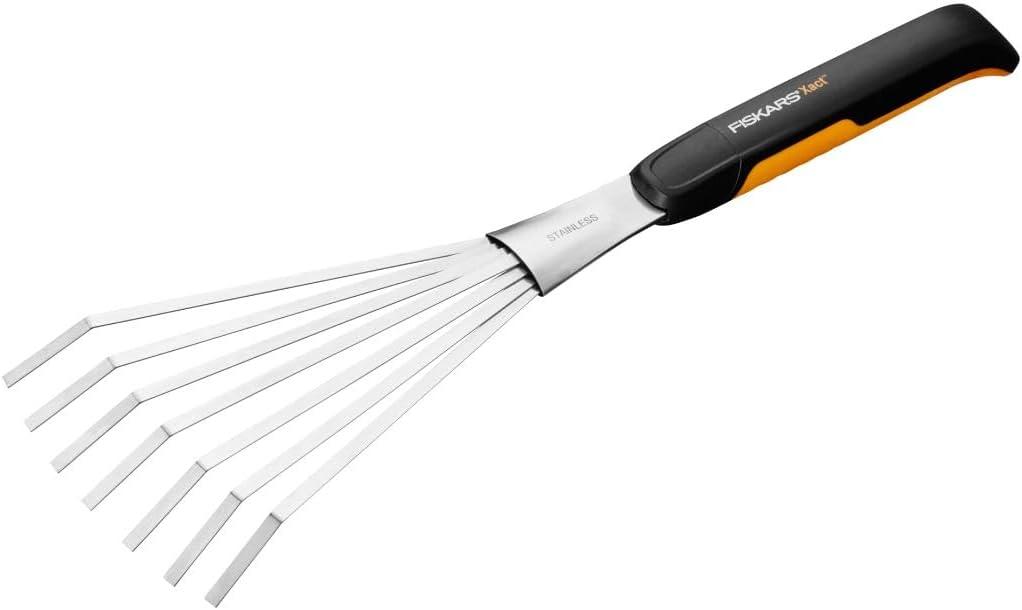 imageFiskars Xact Hand Rake Heavy Duty Gardening Hand Tool with Ergonomic Handle and Hanging Hole for Storage Stainless Steel Head and Tines Perfect for Maintaining a Raised Garden BedRake