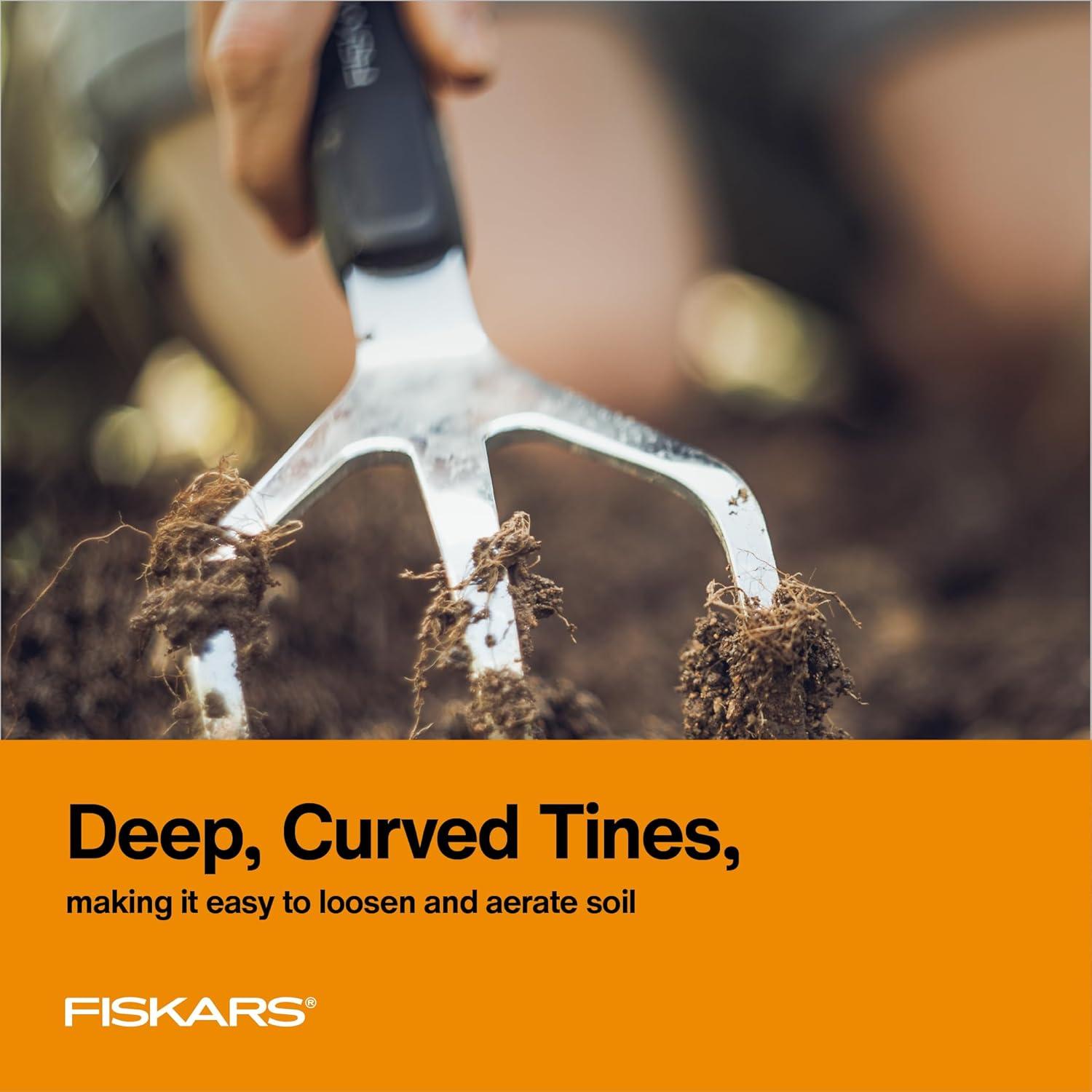 imageFiskars Xact Hand Rake Heavy Duty Gardening Hand Tool with Ergonomic Handle and Hanging Hole for Storage Stainless Steel Head and Tines Perfect for Maintaining a Raised Garden BedCultivator