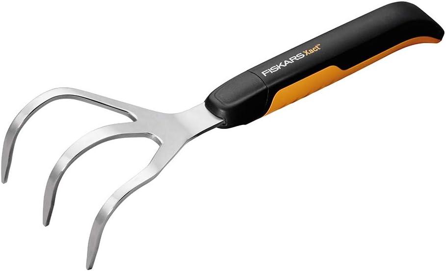 imageFiskars Xact Hand Rake Heavy Duty Gardening Hand Tool with Ergonomic Handle and Hanging Hole for Storage Stainless Steel Head and Tines Perfect for Maintaining a Raised Garden BedCultivator