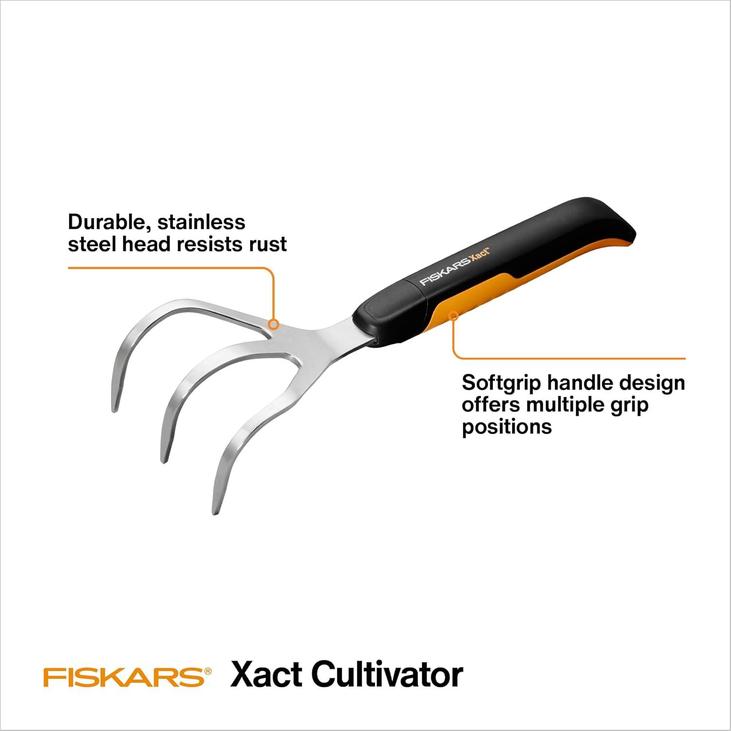 imageFiskars Xact Hand Rake Heavy Duty Gardening Hand Tool with Ergonomic Handle and Hanging Hole for Storage Stainless Steel Head and Tines Perfect for Maintaining a Raised Garden BedCultivator