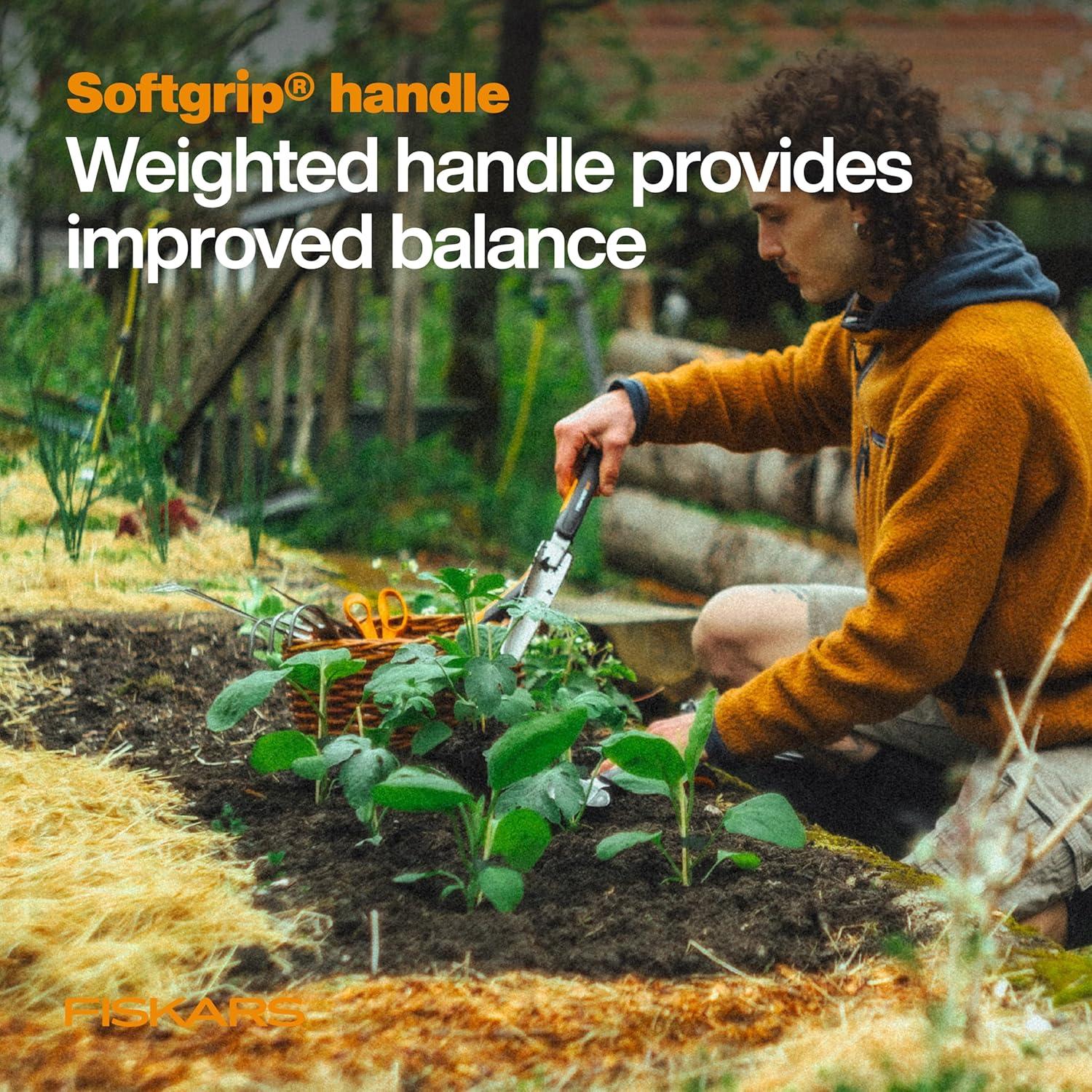 imageFiskars Xact Hand Rake Heavy Duty Gardening Hand Tool with Ergonomic Handle and Hanging Hole for Storage Stainless Steel Head and Tines Perfect for Maintaining a Raised Garden BedWeeder