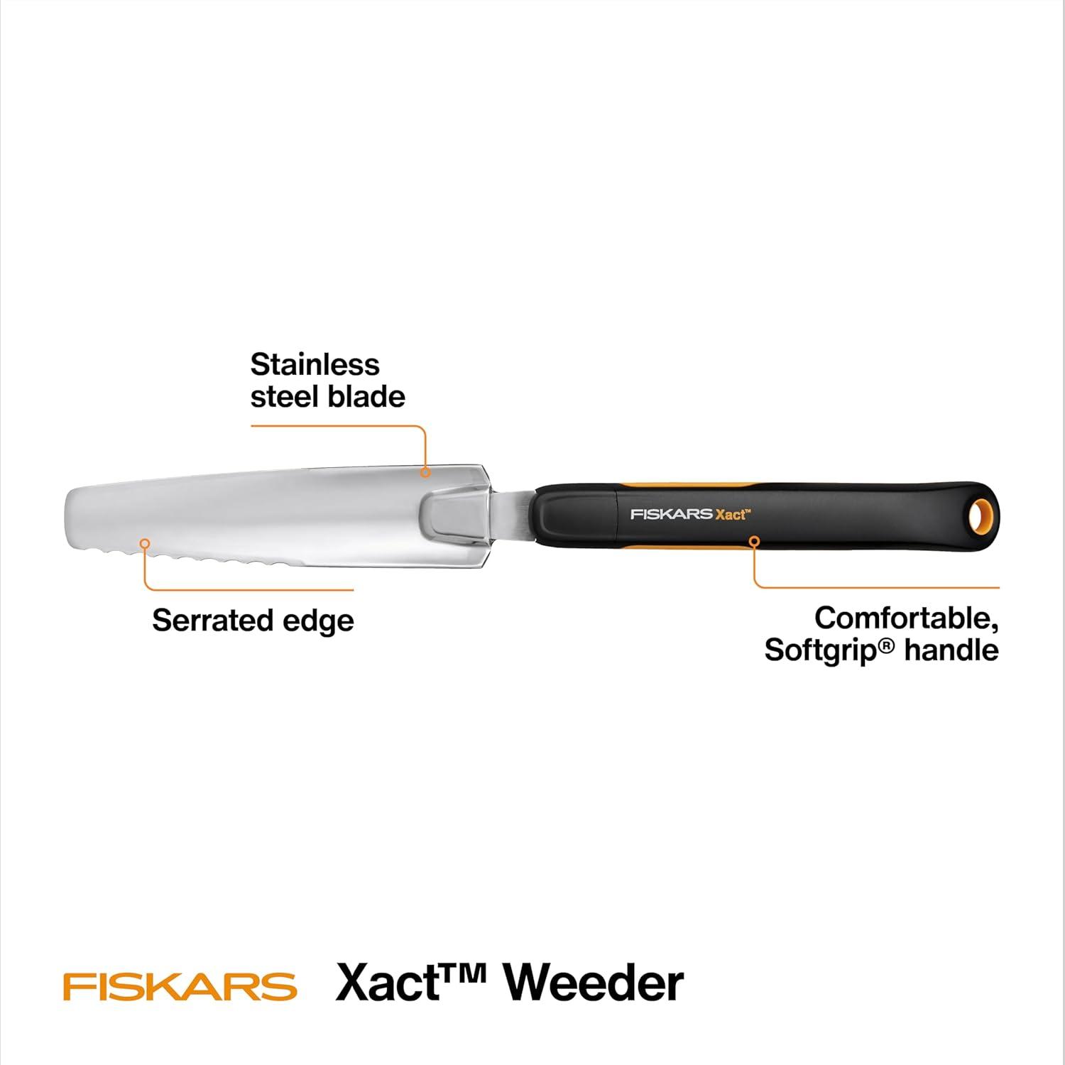 imageFiskars Xact Hand Rake Heavy Duty Gardening Hand Tool with Ergonomic Handle and Hanging Hole for Storage Stainless Steel Head and Tines Perfect for Maintaining a Raised Garden BedWeeder