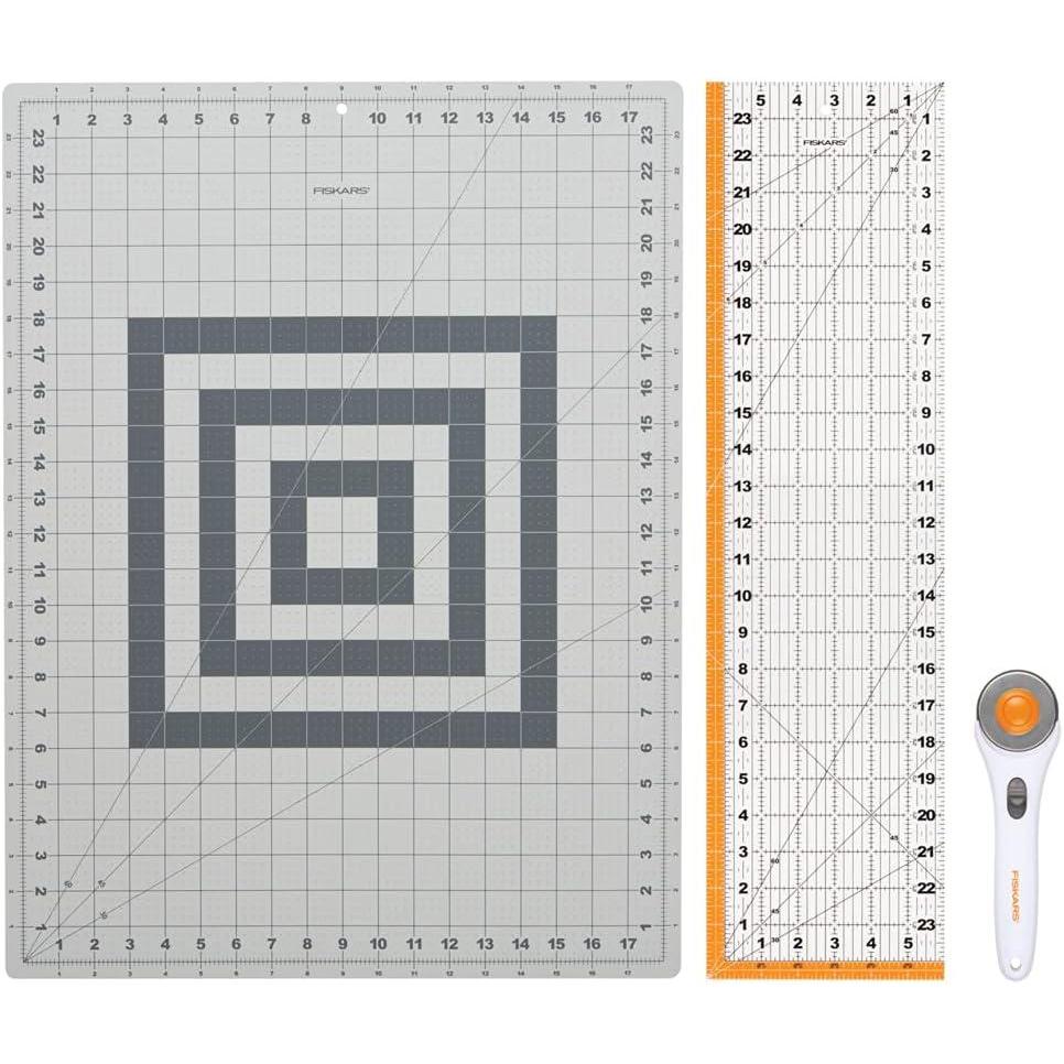 imageFiskars Rotary Cutter 3Piece Set  45mm Blade Rotary Cutter for Fabric Self Healing Cutting Mat and Sewing Ruler  Craft Supplies  WhiteGray196L x 06W