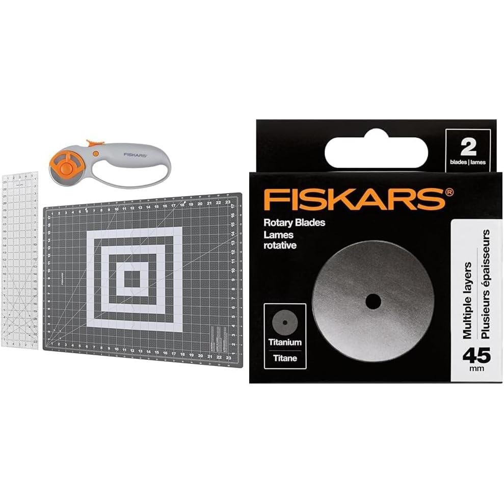 imageFiskars Rotary Cutter 3Piece Set  45mm Blade Rotary Cutter for Fabric Self Healing Cutting Mat and Sewing Ruler  Craft Supplies  WhiteGrayPremium 3Piece