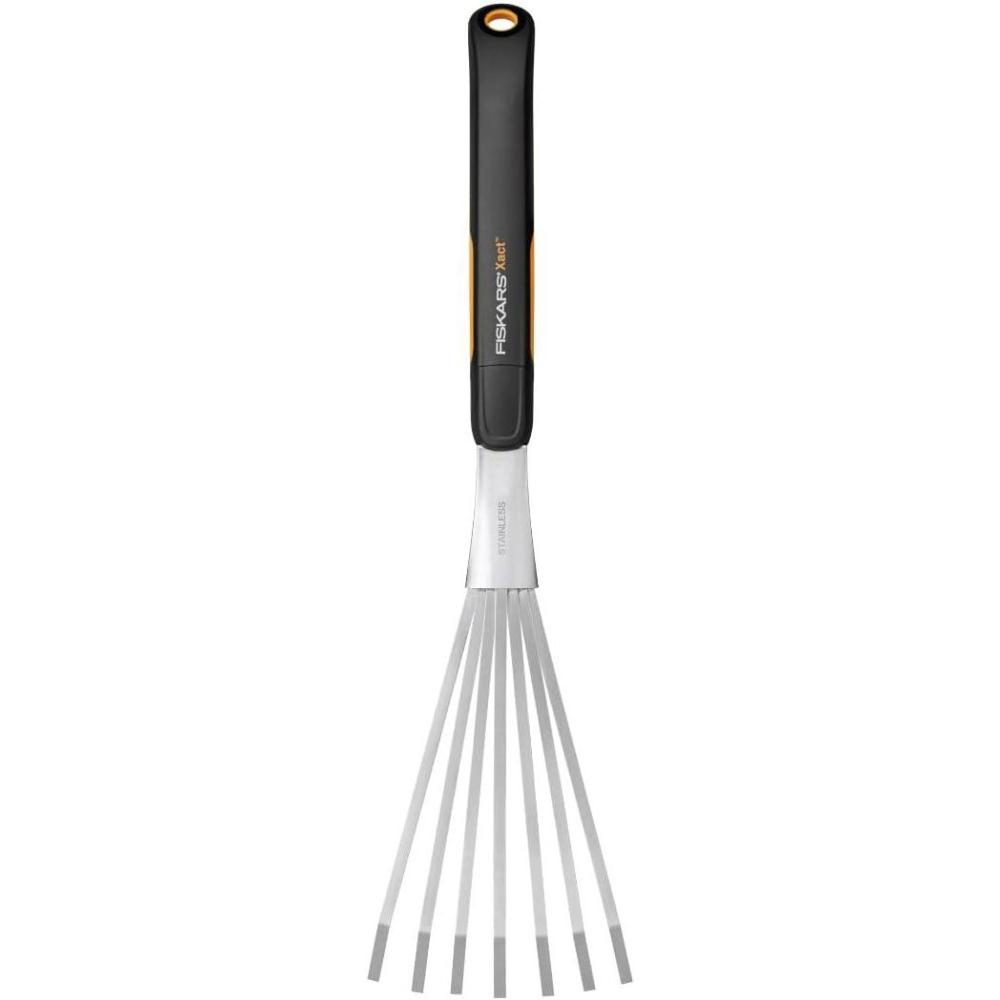 imageFiskars Xact Hand Rake Heavy Duty Gardening Hand Tool with Ergonomic Handle and Hanging Hole for Storage Stainless Steel Head and Tines Perfect for Maintaining a Raised Garden BedRake