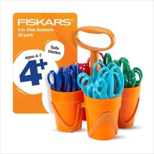 imageFiskars 5quot BluntTip Scissors Classpack for Kids Ages 47 with Art Caddy Organizer 24Pack Kids Scissors for School or Crafting Back to School Supplies Assorted ColorsPointedTip Scissors