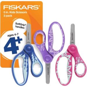 imageFiskars 5quot SoftGrip BluntTip Scissors for Kids Ages 47 3Pack Scissors for School or Crafting Back to School Supplies Blue Purple and Pink DesignsBlue  Purple  Pink