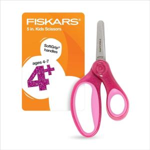 imageFiskars 5quot SoftGrip BluntTip Scissors for Kids Ages 47 3Pack Scissors for School or Crafting Back to School Supplies Blue Purple and Pink DesignsPink Glitter