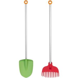 imageFiskars Kids Essential Landscaping Set  Leaf Rake and Garden Shovel  Kids Gardening Set  2 PieceRedGreenLandscaping Set