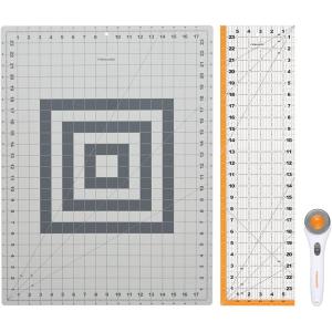 imageFiskars Rotary Cutter 3Piece Set  45mm Blade Rotary Cutter for Fabric Self Healing Cutting Mat and Sewing Ruler  Craft Supplies  WhiteGray196L x 06W