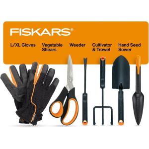 imageFiskars Vegetable Garden Tool Set with Vegetable Shears Seed Sower Trowel Cultivator Weeder and LXL Garden Gloves for Indoor or Outdoor Gardening 6 Piece Kit