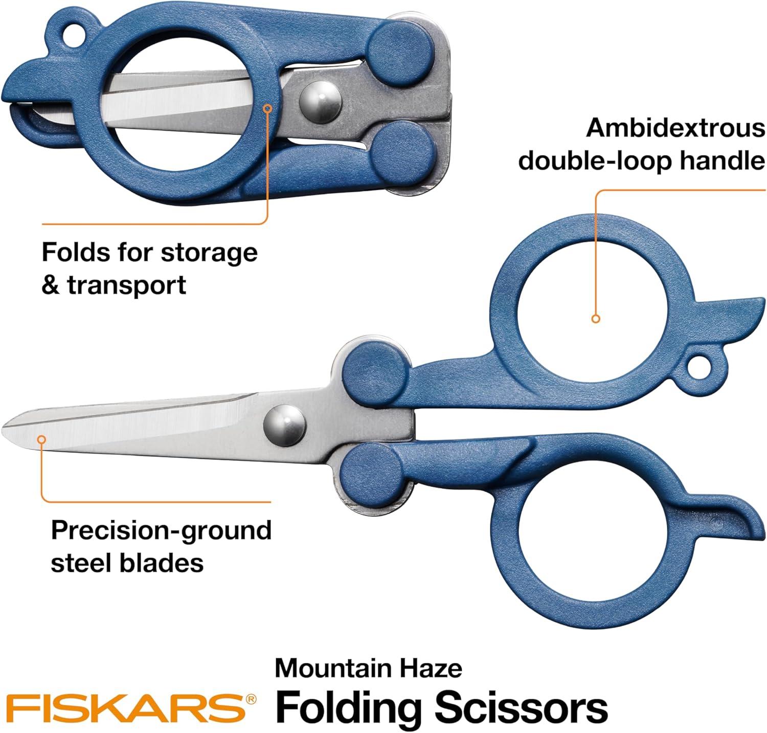 imageFISKARS Folding Travel Scissors  TSACompliant and Portable  Stainless Steel Blades and Blue HandlesMountain Haze