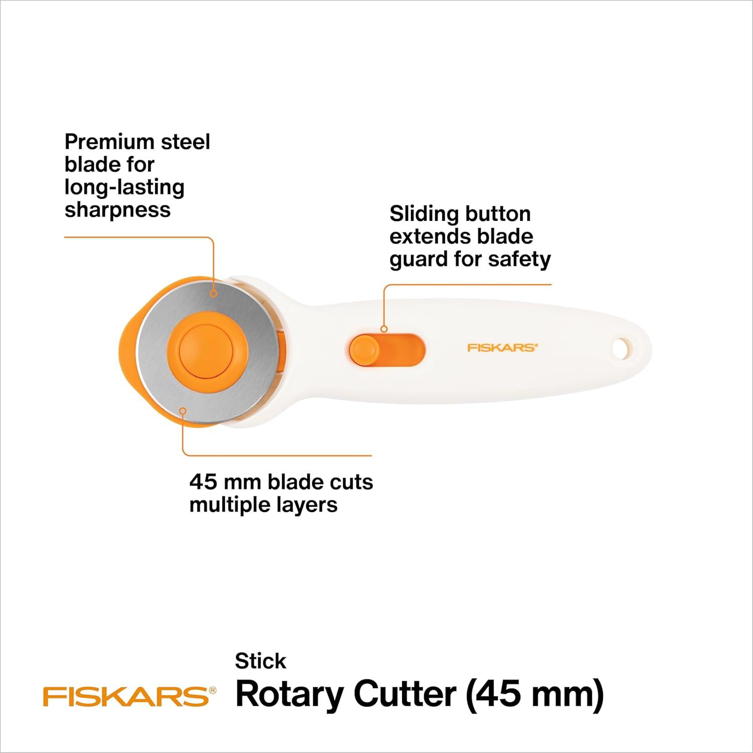 imageFiskars 45mm Rotary Cutter for Fabric Premium Steel Stick Fabric Cutter Cuts Through Multiple Layers Right and Left Handed Easy and Safe Blade Change Arts and Crafts Sewing and Quilting ToolsPremium Stick