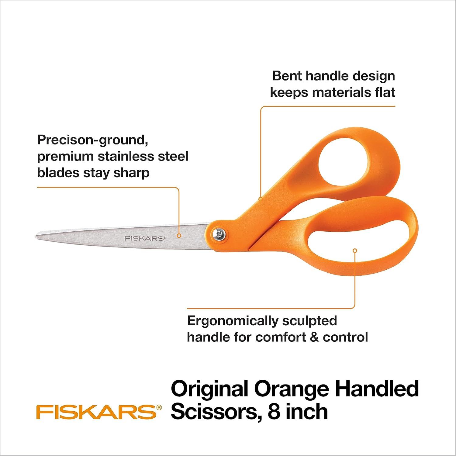 imageFiskars 8quot Original OrangeHandled Stainless Steel Scissors Ergonomic and Keeps Material Flat Sharp AllPurpose Paper and Fabric Scissors for Office Arts and CraftsOrangeHandled 8