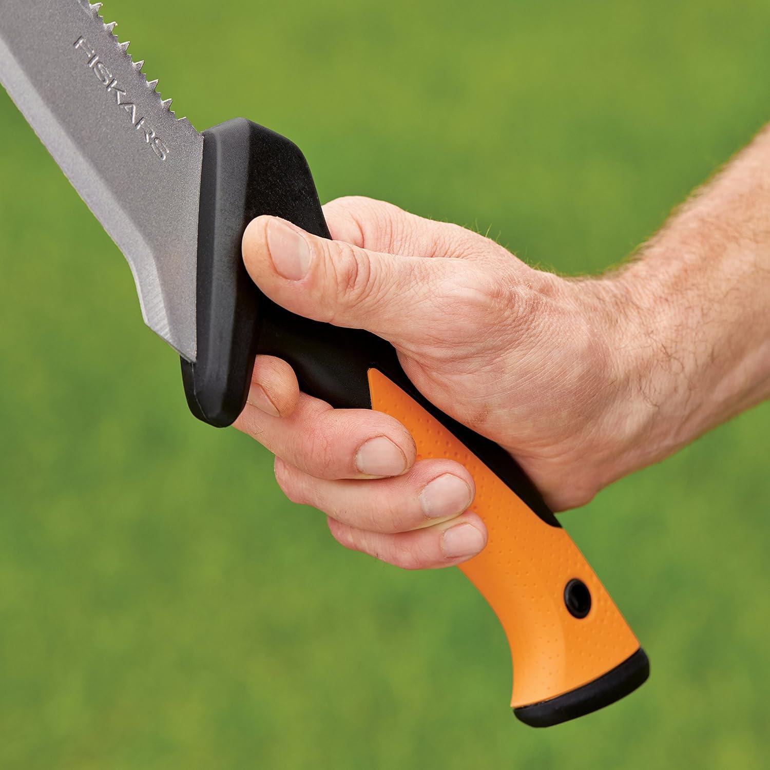 imageFiskars 9quot Brush Axe with Safety Sheath  Fixed Handle Curved Blade Branch Chopping Axe  Yard and Garden Tools  BlackOrangeBillhook Saw