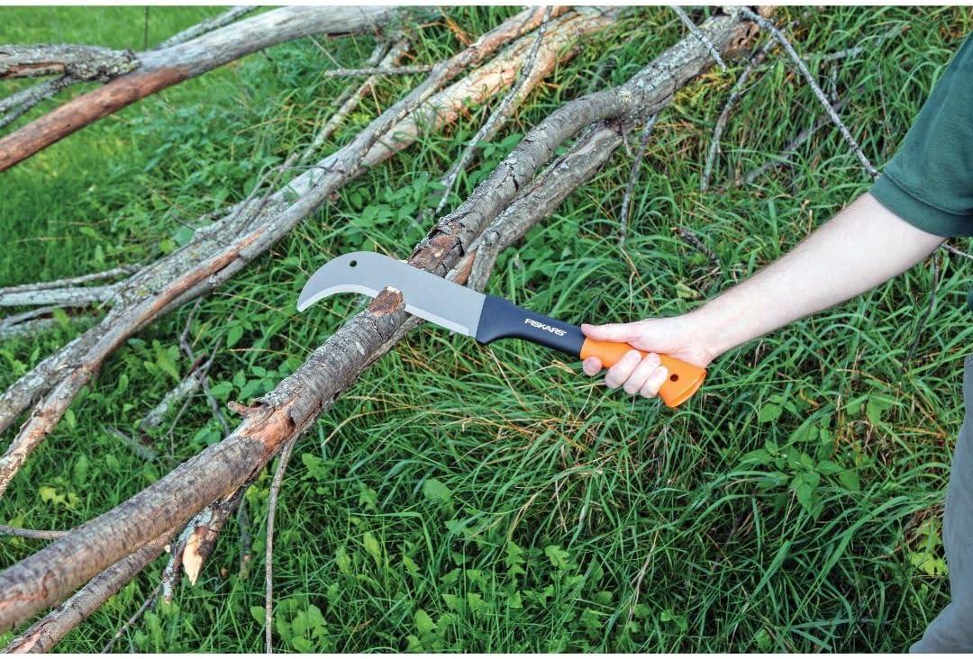 imageFiskars 9quot Brush Axe with Safety Sheath  Fixed Handle Curved Blade Branch Chopping Axe  Yard and Garden Tools  BlackOrangeBrush Axe