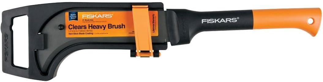 imageFiskars 9quot Brush Axe with Safety Sheath  Fixed Handle Curved Blade Branch Chopping Axe  Yard and Garden Tools  BlackOrangeBrush Axe