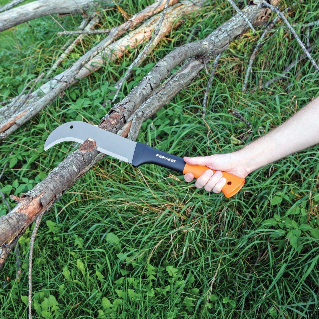 imageFiskars 9quot Brush Axe with Safety Sheath  Fixed Handle Curved Blade Branch Chopping Axe  Yard and Garden Tools  BlackOrangeBrush Axe