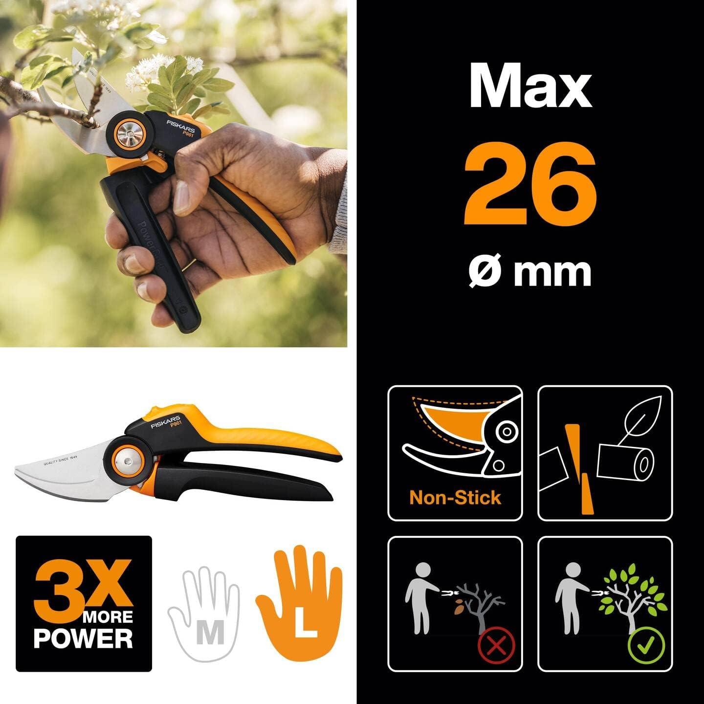 imageFiskars Bypass Garden Pruners L XSeries PowerGear P961 with Rolling Handle for Fresh Branches and Twigs NonStick Coated Stainless Steel Blades Length 222 cm BlackOrange 1057175Xseries P961