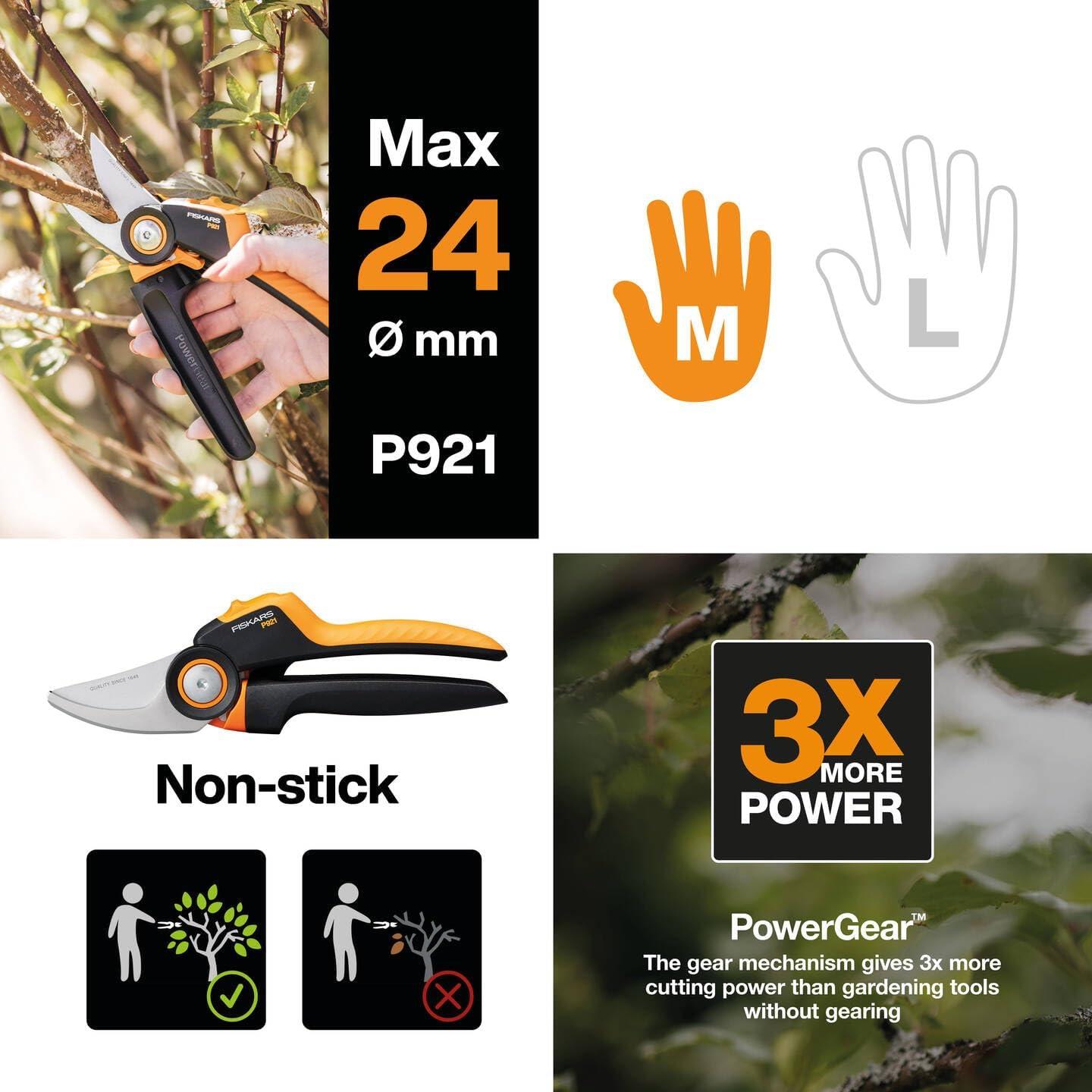 imageFiskars Bypass Garden Pruners L XSeries PowerGear P961 with Rolling Handle for Fresh Branches and Twigs NonStick Coated Stainless Steel Blades Length 222 cm BlackOrange 1057175Xseries P921
